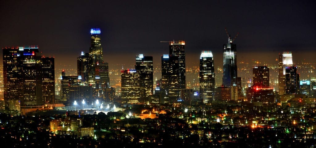 Downtown Los Angeles pictured at night.