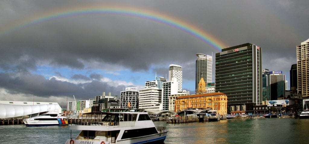 View of the Auckland Harbor from the deck of a boat returning to shore.