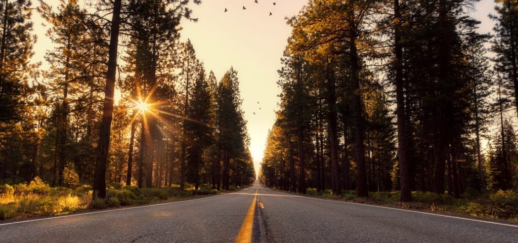 Looking at the road ahead on a California highway during sunset.