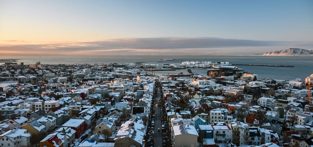 The Icelandic capital city of Reykjavik photographed during the sunrise golden hour.
