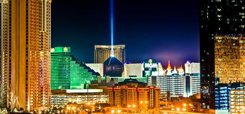 A bright beacon light coming out of the Luxor hotel in Las Vegas, Nevada.