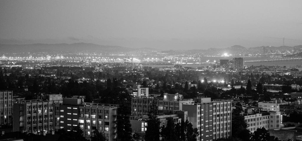 Black and white photograph of the Berkeley, California sprawl.