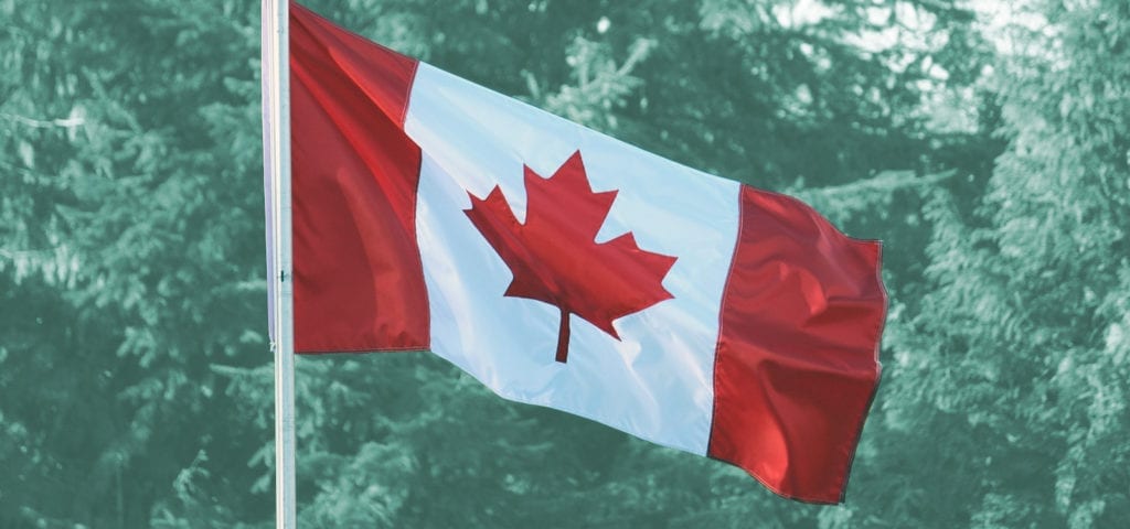 Digital collage of Canada's maple leaf-bearing flag.