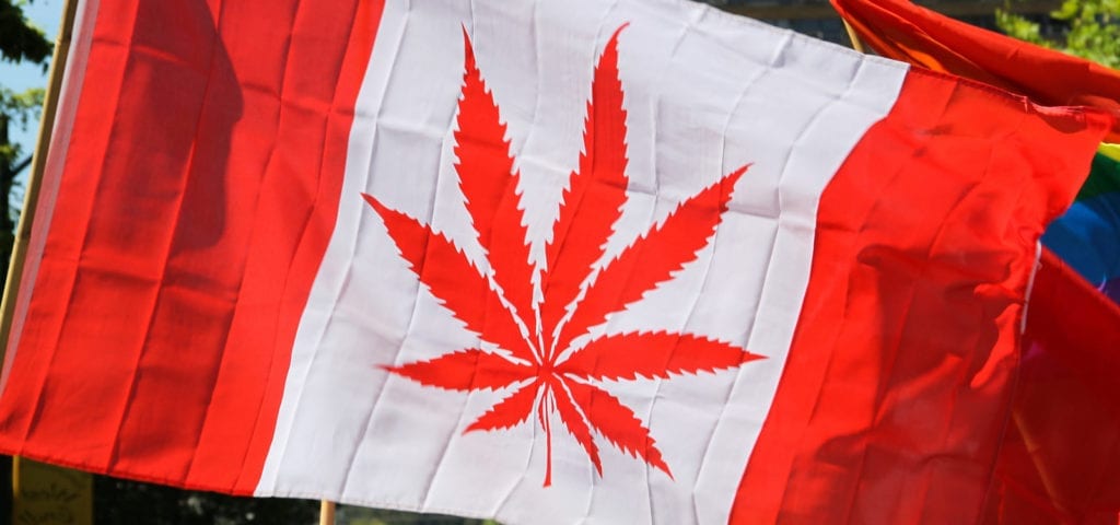 Canada's flag with a cannabis leaf shape instead of the usual maple leaf.