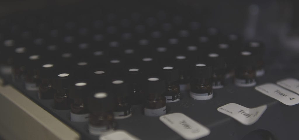 A tray of cannabis plant samples inside of a testing lab facility in Washington.