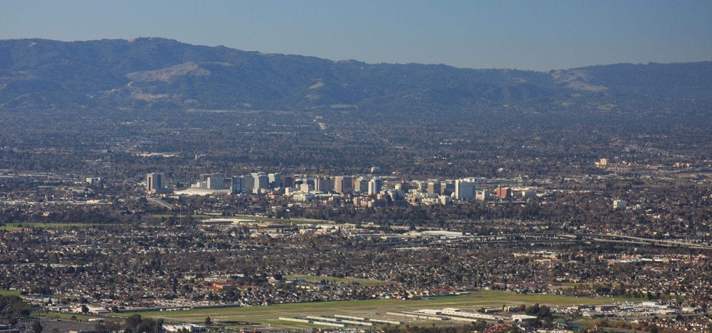 The San Jose skyline pictured from a distance on a very clear day.