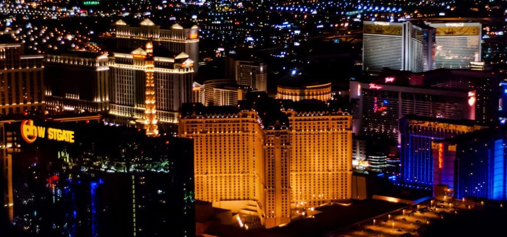 Photograph captured from a helicopter flight over Las Vegas during the nighttime.