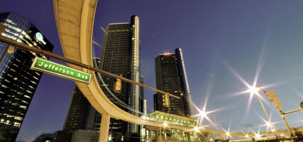 Nighttime photo of buildings in Detroit, Michigan.