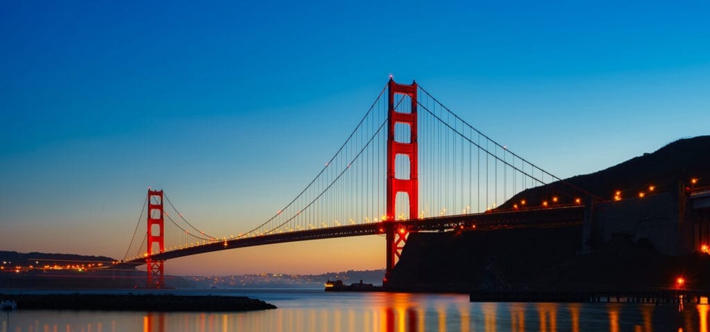 The Golden Gate Bridge in San Francisco pictured during nightfall.