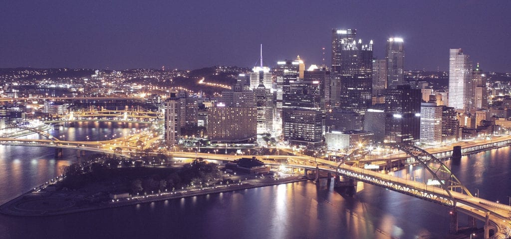 Nighttime view of Pittsburgh, Pennsylvania.