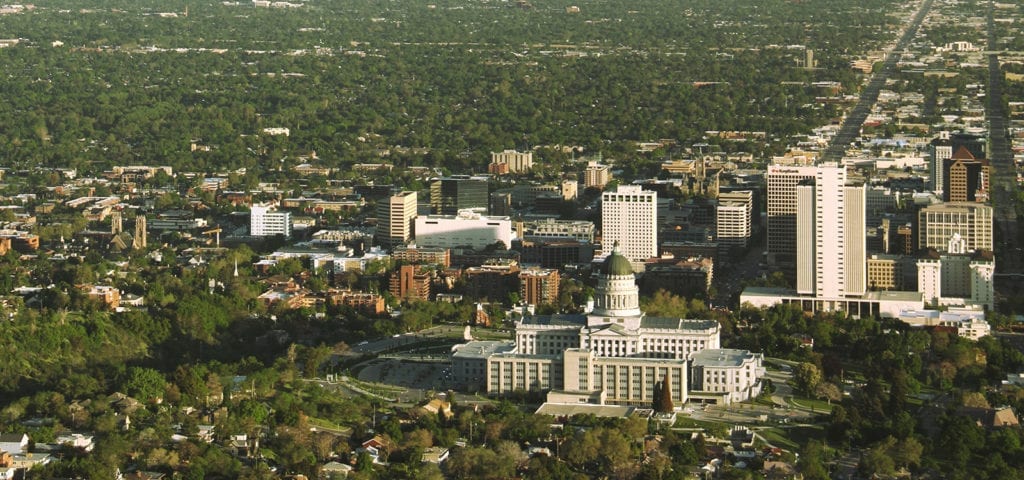 View of Salt Lake City and the Utah Capitol Building from a lookout on a nearby mountain.