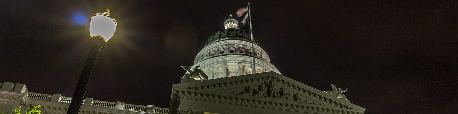 The California State Capitol Building in Sacramento, California photographed at nighttime.