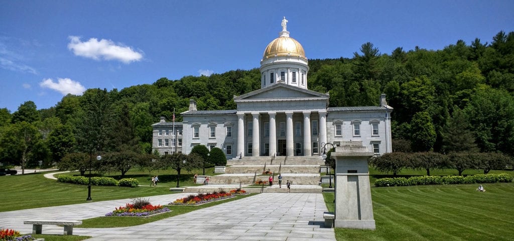 The Vermont Capitol Building in Montpelier, Vermont — VT is the first state to legalize cannabis via the legislature.