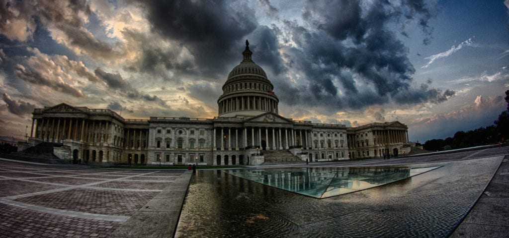 Photograph of Capitol Hill in Washington D.C. distorted by a "fish-eye" lens.