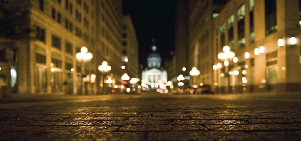Downtown Indianapolis photographed at night from street level (literally, camera-lying-on-the-street level).