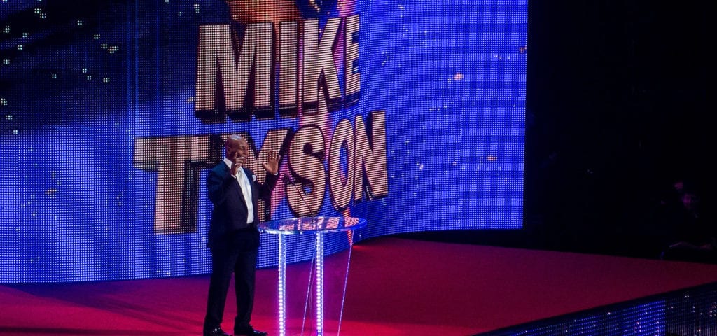 Mike Tyson at the ceremony for his inauguration into the WWE Hall of Fame.