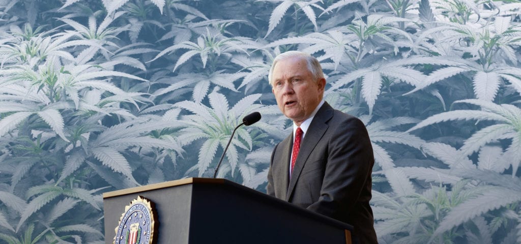 Jeff Sessions stands at a podium with a cannabis-themed digital background edited behind him.