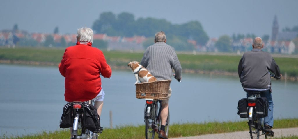 Several elderly citizens riding bicycles by the water front.