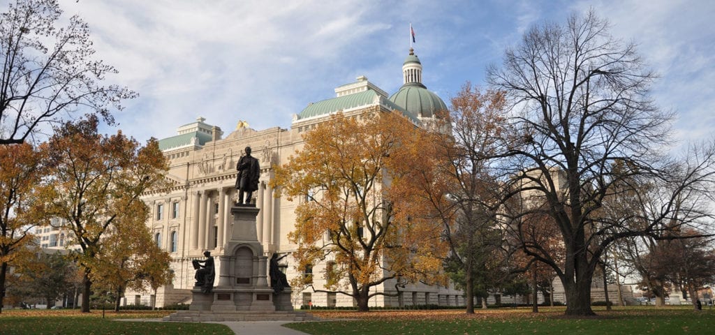 The Indiana State Capitol Building photographed on a sunny, Autumn day.
