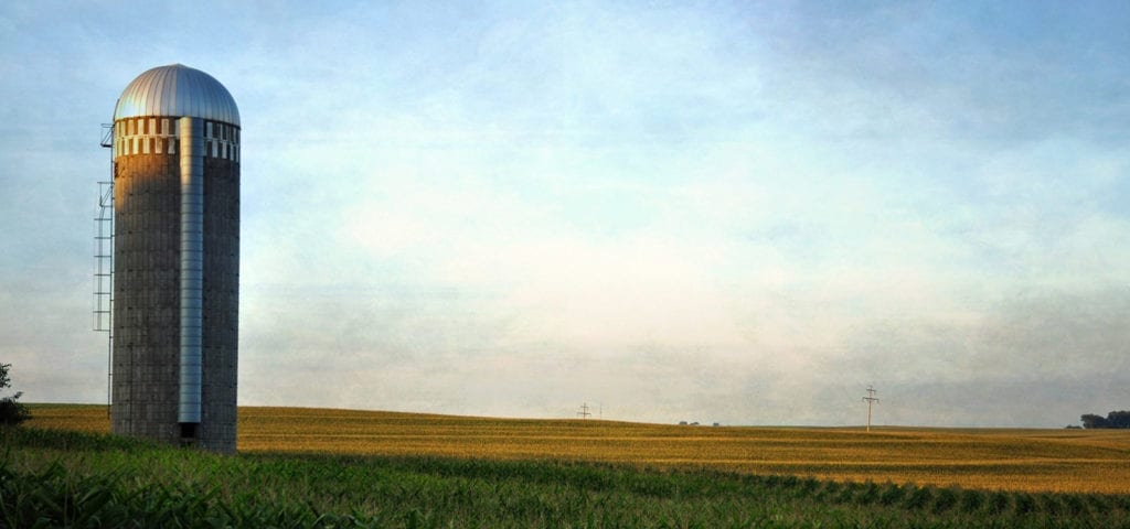A lone silo sitting among Iowa's stretching farmland.