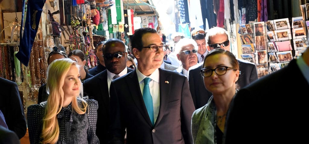 Treasury Secretary Steven Mnuchin, accompanied by U.S. Ambassador to Israel David Friedman and Acting Consul General Michael Hankey, toured the Old City of Jerusalem, making stops at the Church of the Holy Sepulcher and the Western Wall.