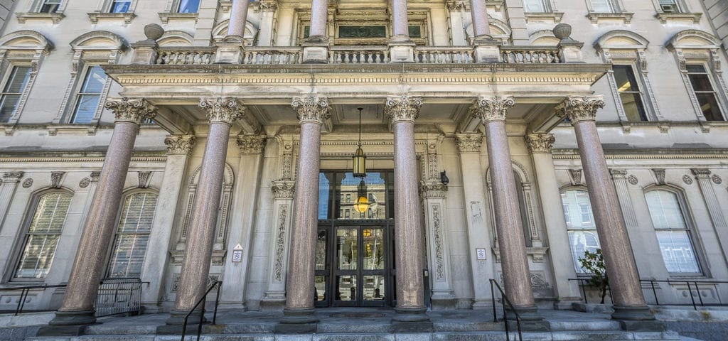 The front steps of the New Jersey Statehouse.