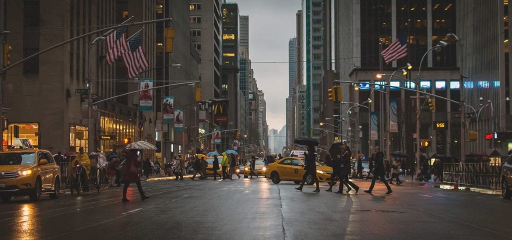 Rainy day on the streets of Manhattan, in New York City.