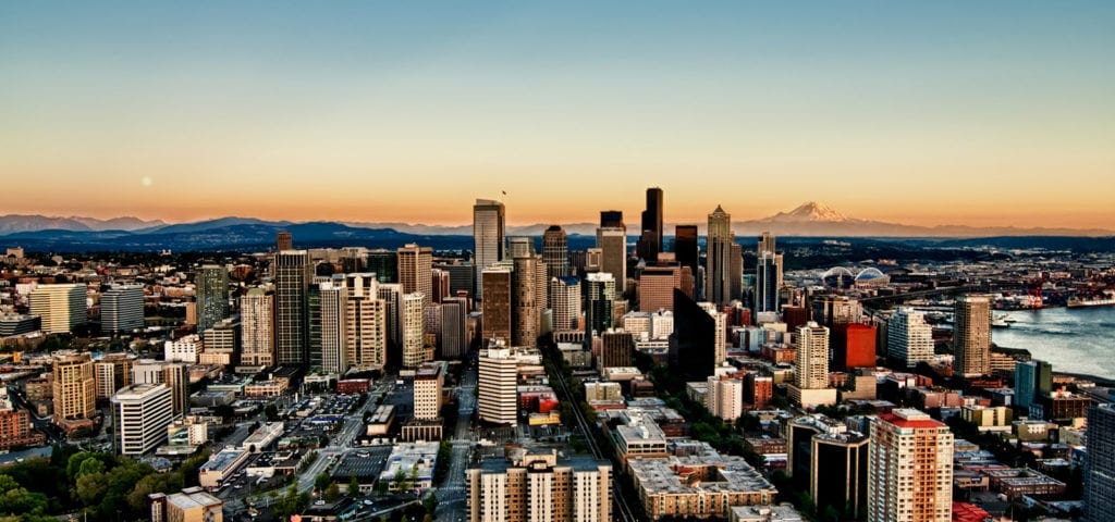 Seattle sky line, photographed during the golden hour of sunrise.