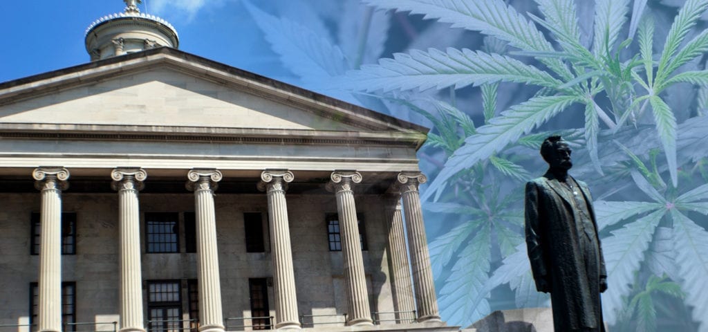 Digital collage of the Tennessee State Capitol building, cannabis plants, and an outdoor statue.