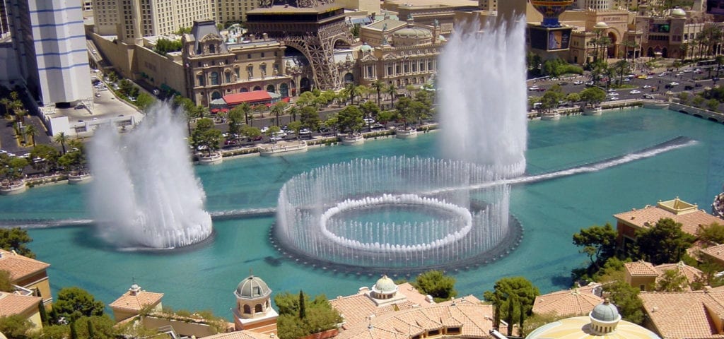 View from a hotel window of the famous Bellagio Fountain in Las Vegas, Nevada.