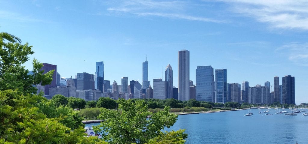 The Chicago, Illinois city skyline photographed from distance.