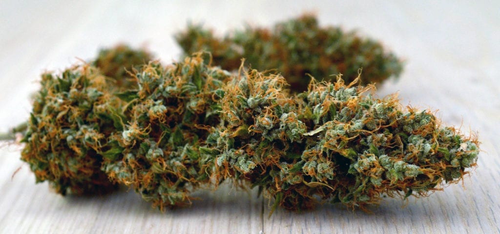 A large, trimmed cannabis nug lays on its side on top of a flat wooden surface.