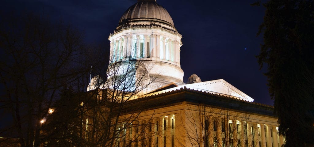 The Washington State Capitol Building photographed at night in Olympia, Washington.