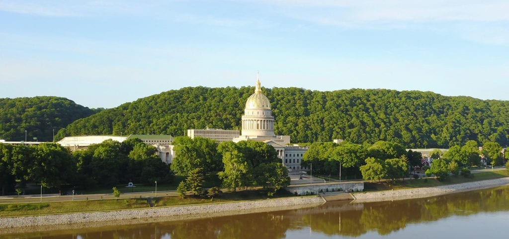 An aerial view of the West Virginia State Capitol Building.