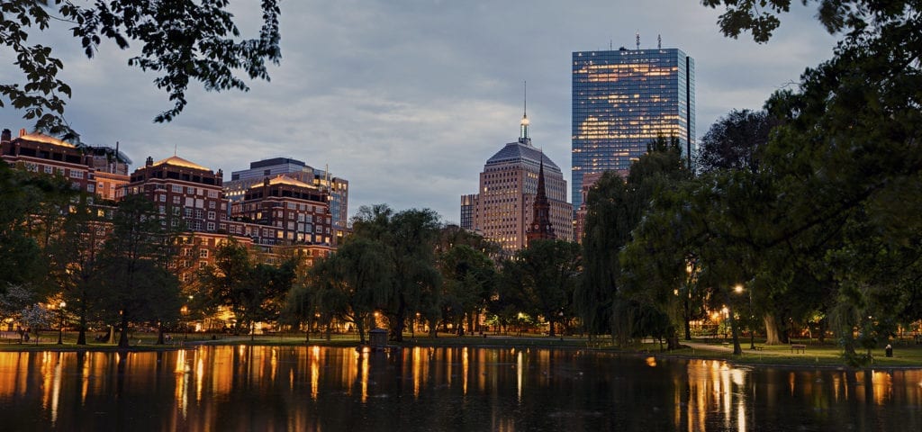 Nighttime photograph of the Boston Gardens.