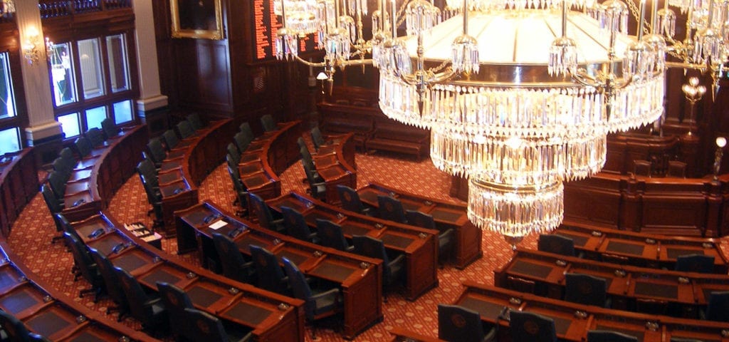 Chandelier and legislative hall inside of the Illinois Capitol Building.
