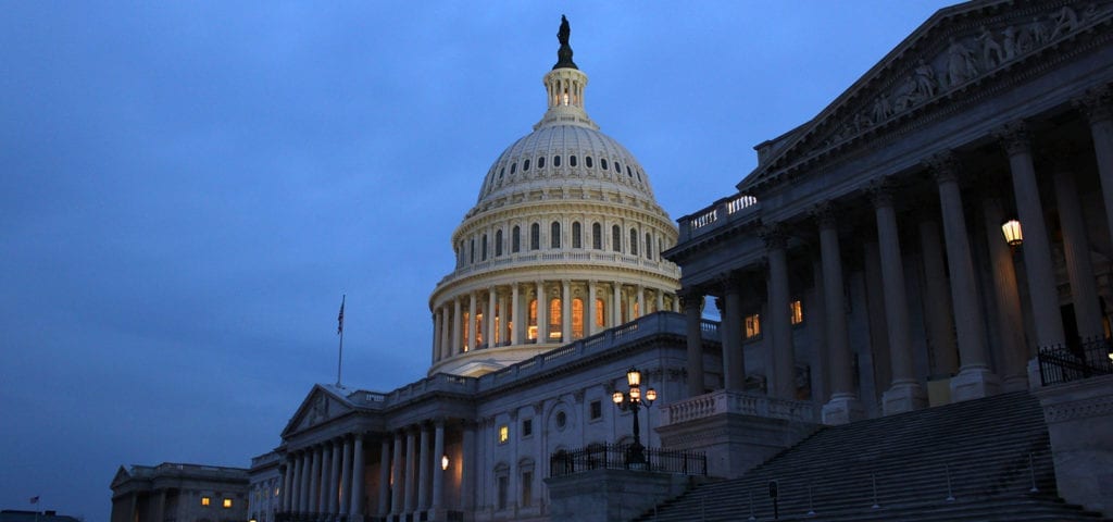 The U.S. Capitol Building in Washington D.C., photographed at dusk.