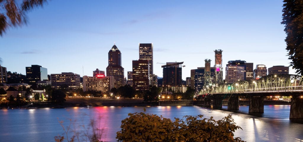 The dusk skyline of downtown Portland, Oregon.