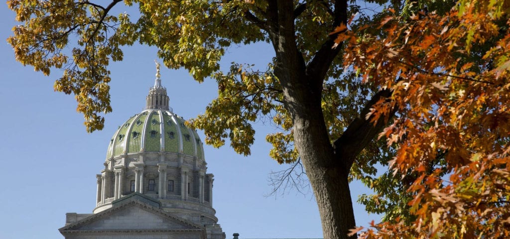 The Pennsylvania Capitol Building pictured in Autumn.