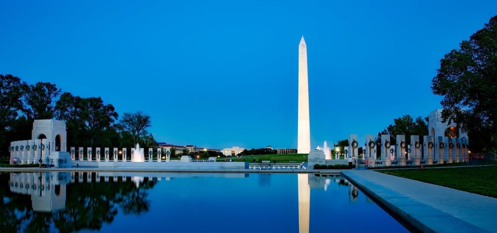 The Washington Monument in Washington D.C., photographed at dusk.