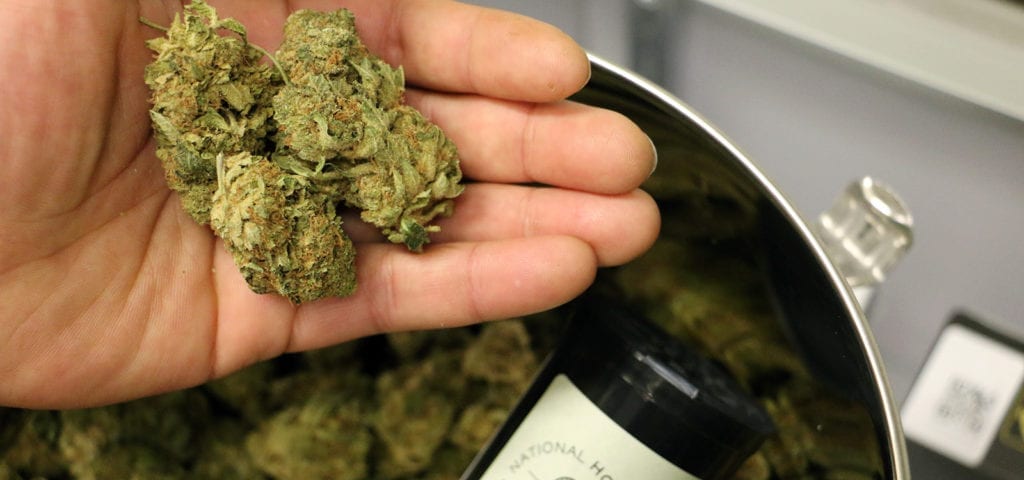 A dispensary worker presents a handful of cannabis nugs at the National Holistic Center in Washington DC.