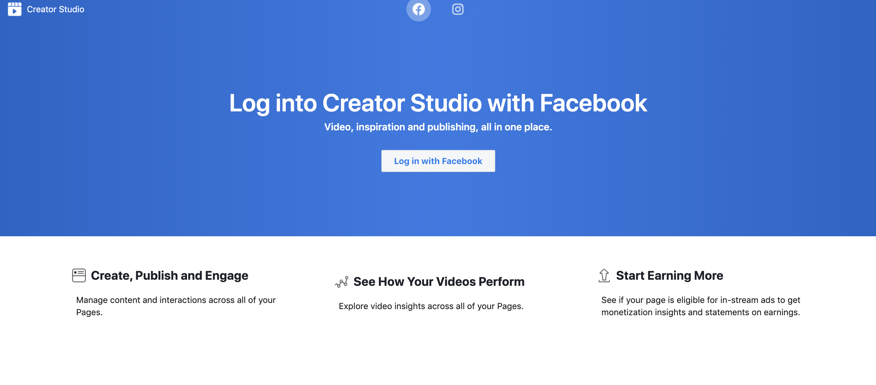 log into creator studio with facebook