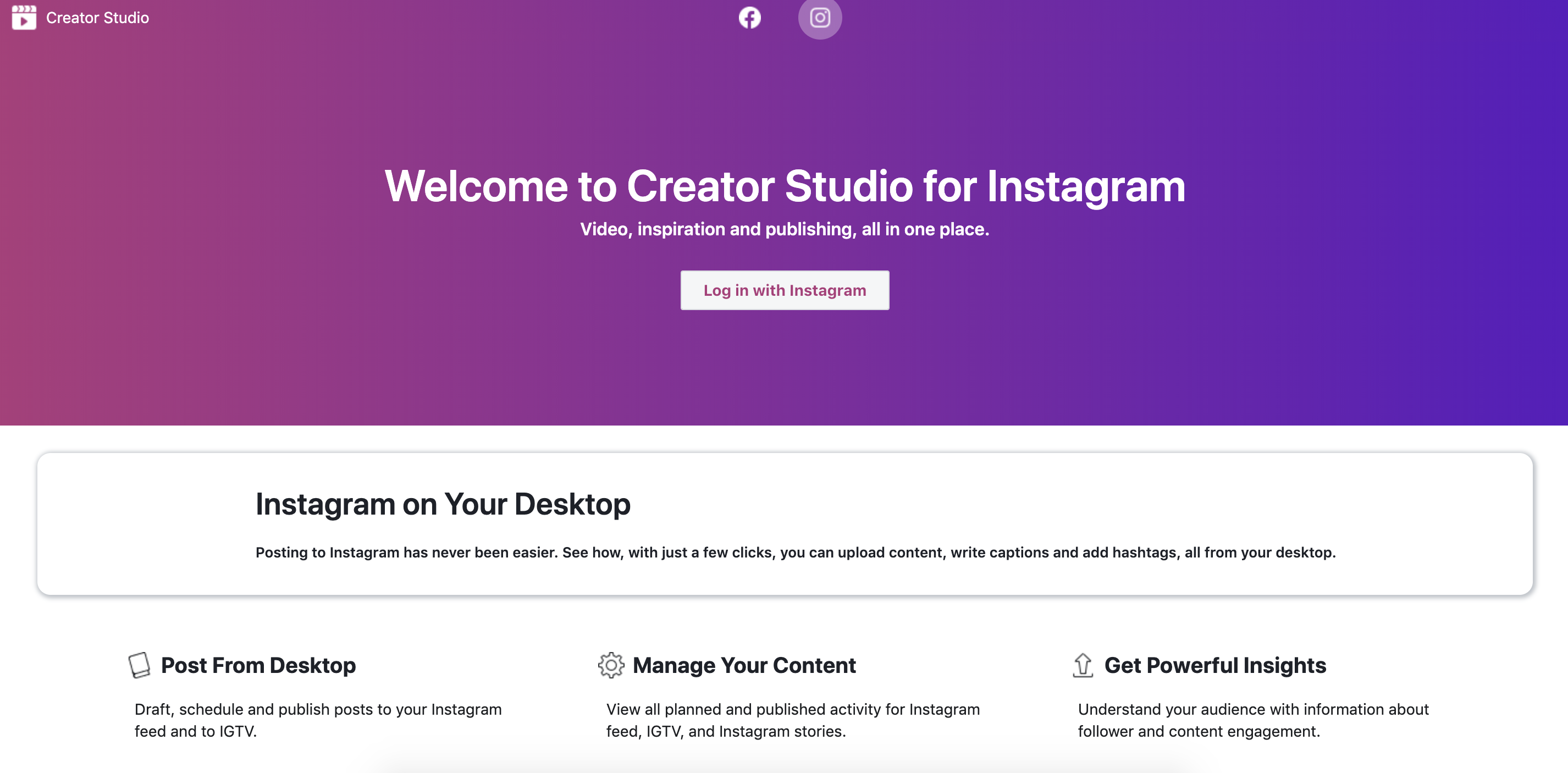 log into creator studio for instagram